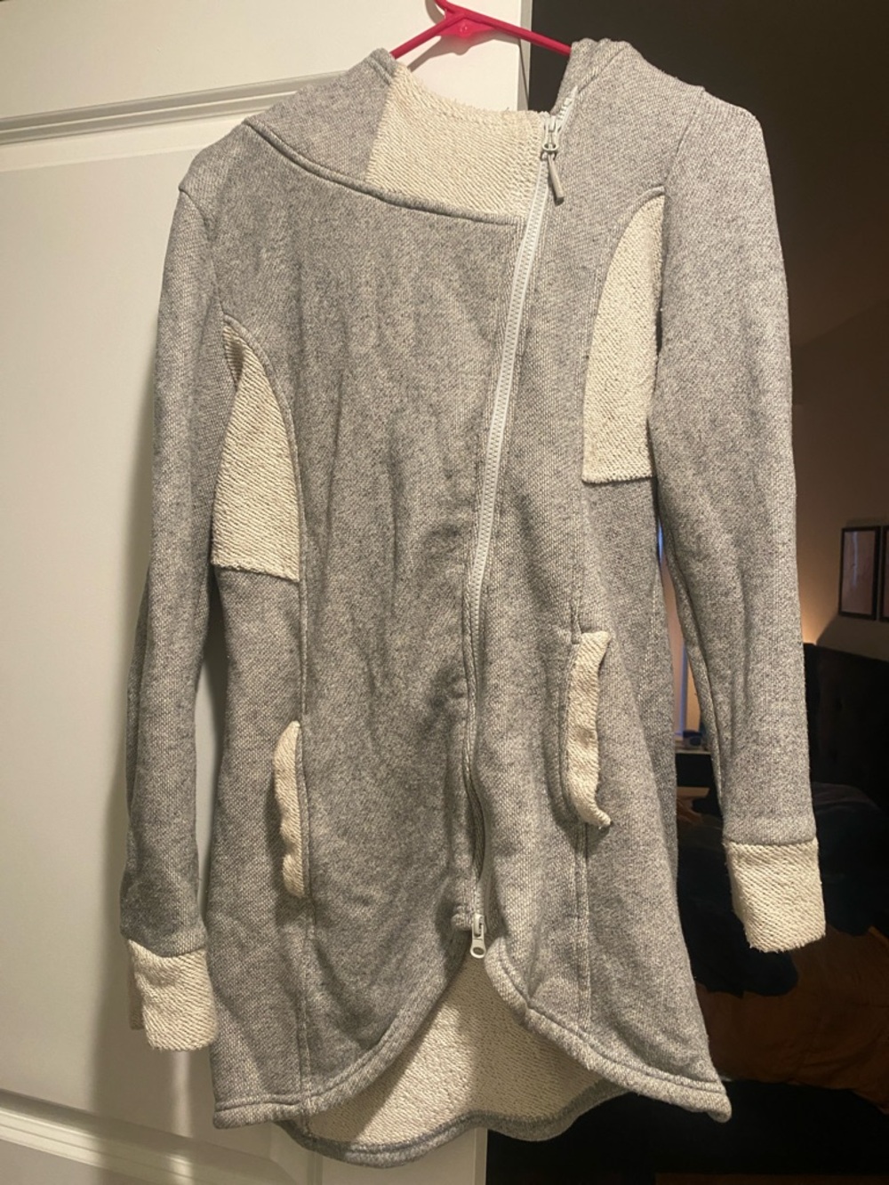 Gray & Cream Hooded Zip Jacket